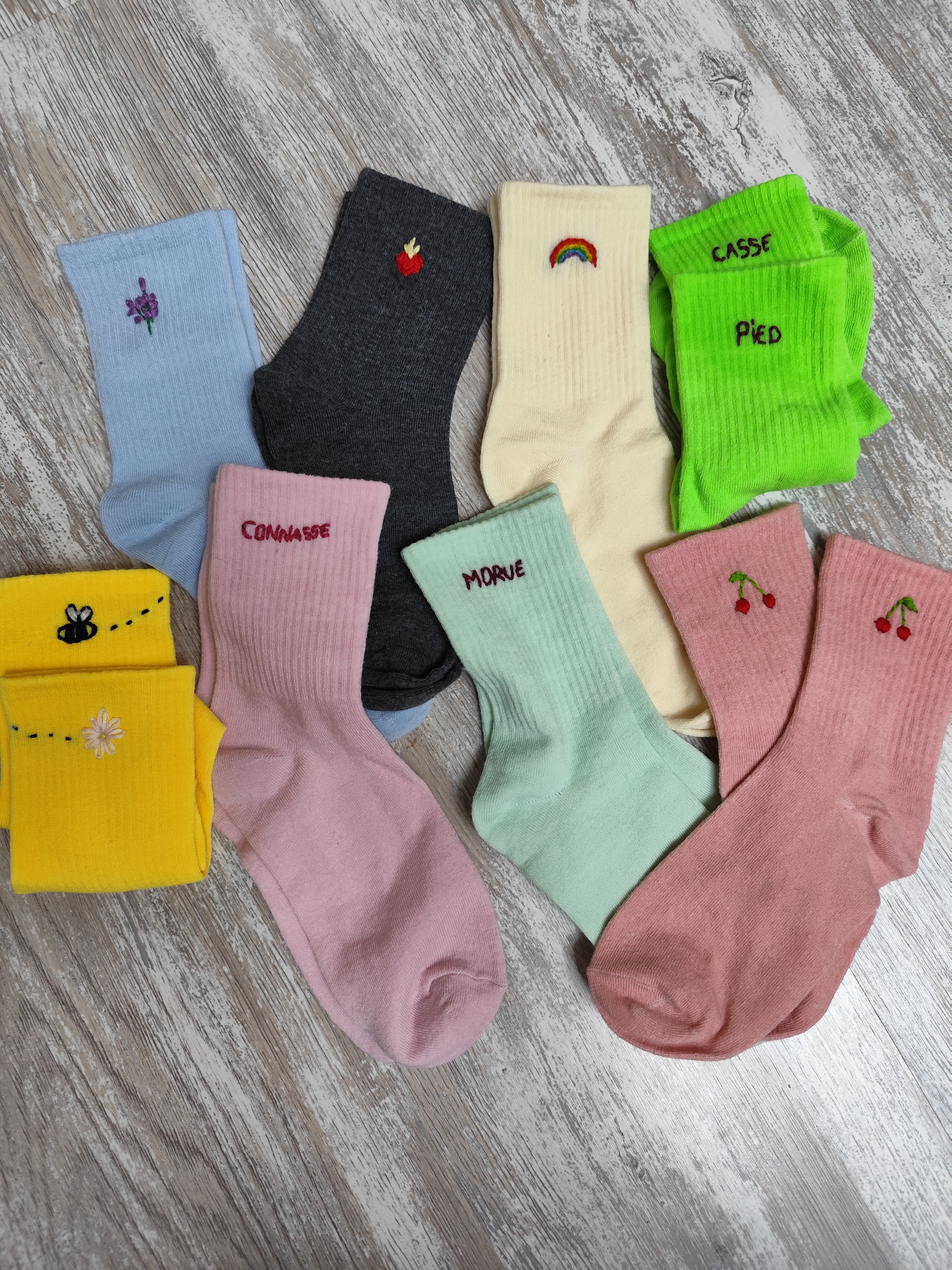 Chaussettes brodées personnalisées – Création artisanale – Motif au choix (36-40)